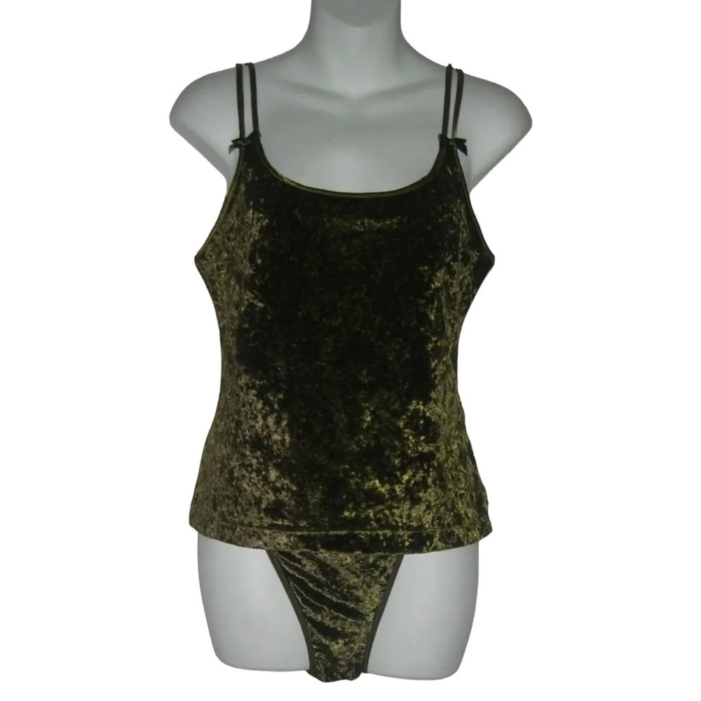 Vintage 90's Victoria's Secret Green Crushed Velvet Cami Underwear Set Bows Sz M